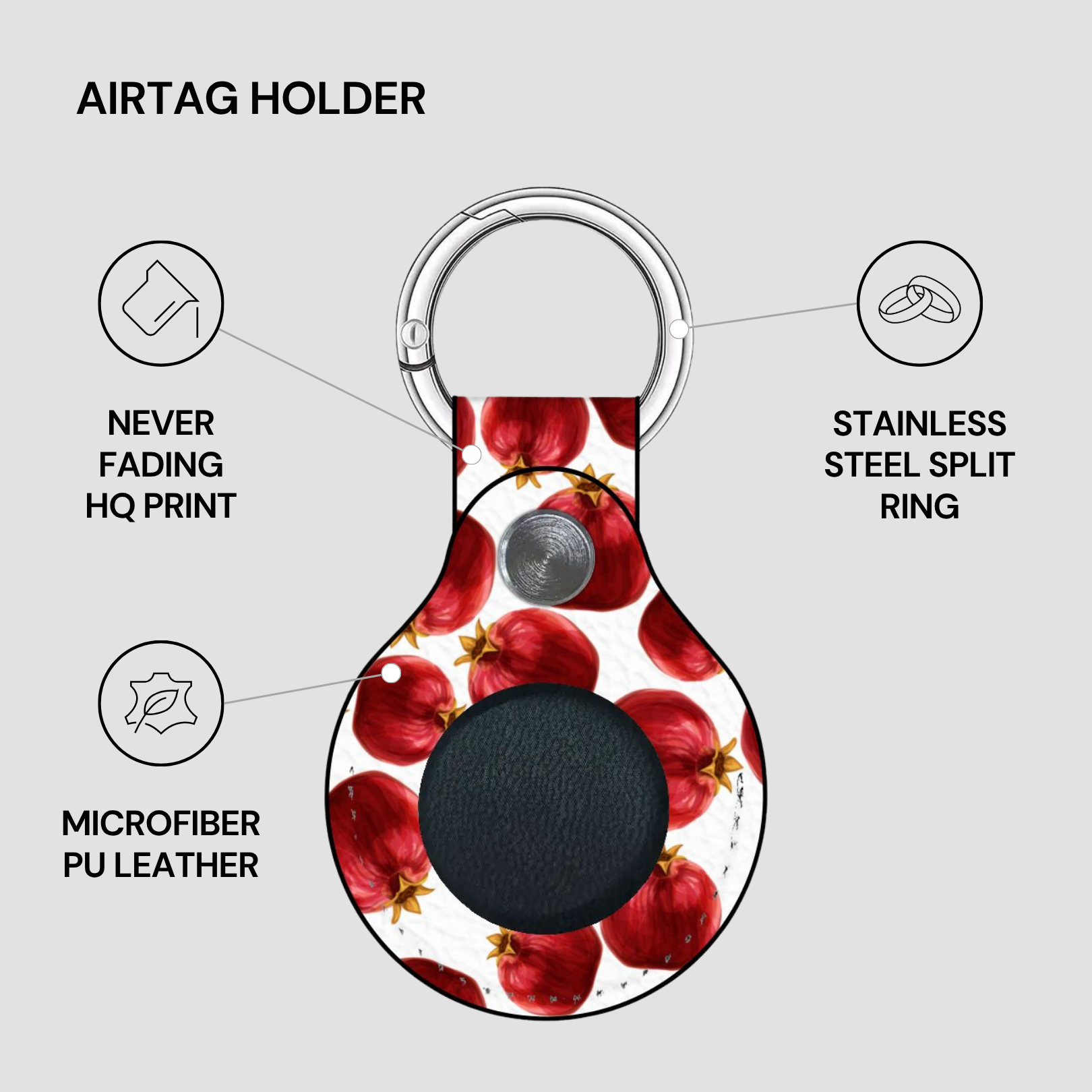 Airtag holder with pomegranate design on a gray background