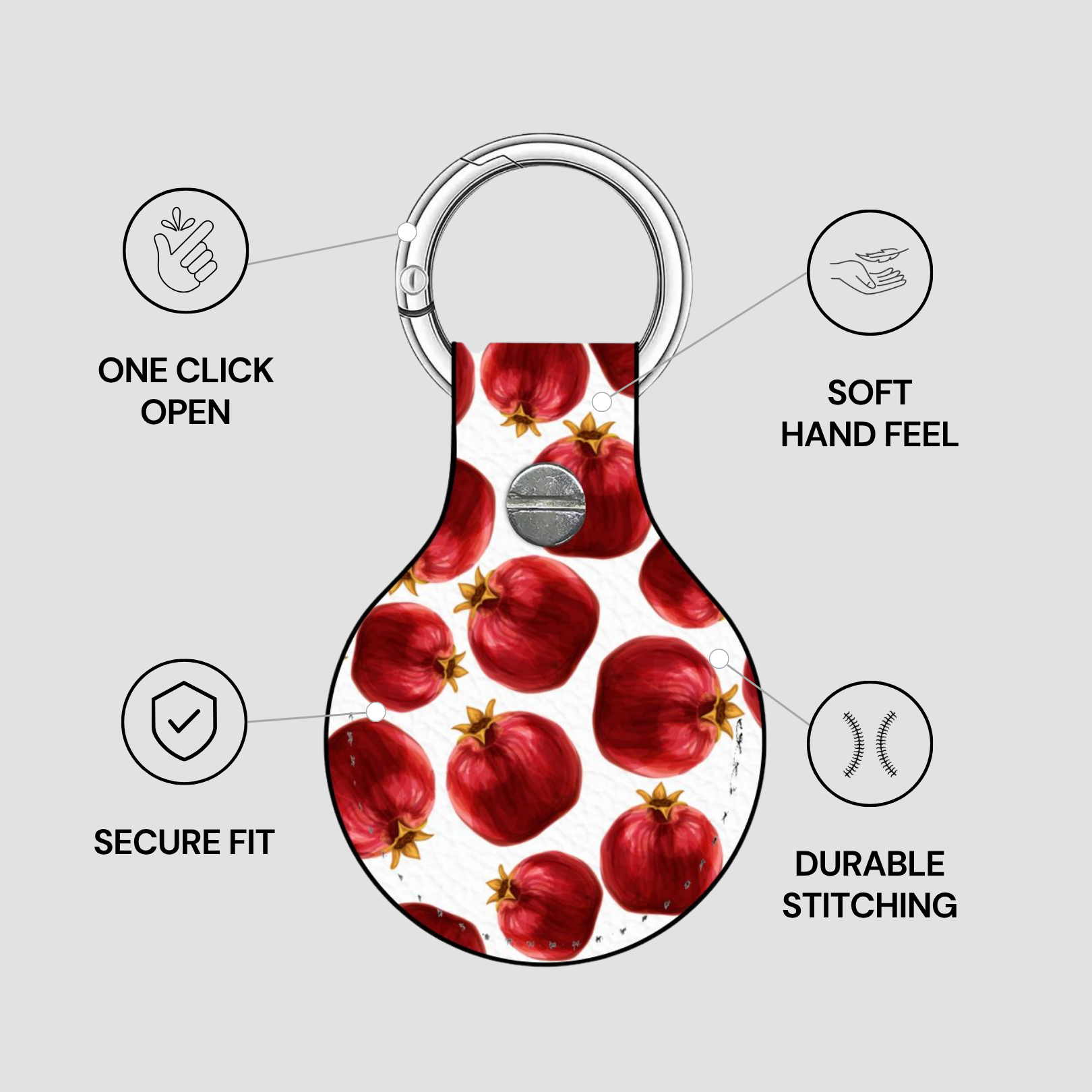 Keychain with pomegranate pattern and features listed on a gray background