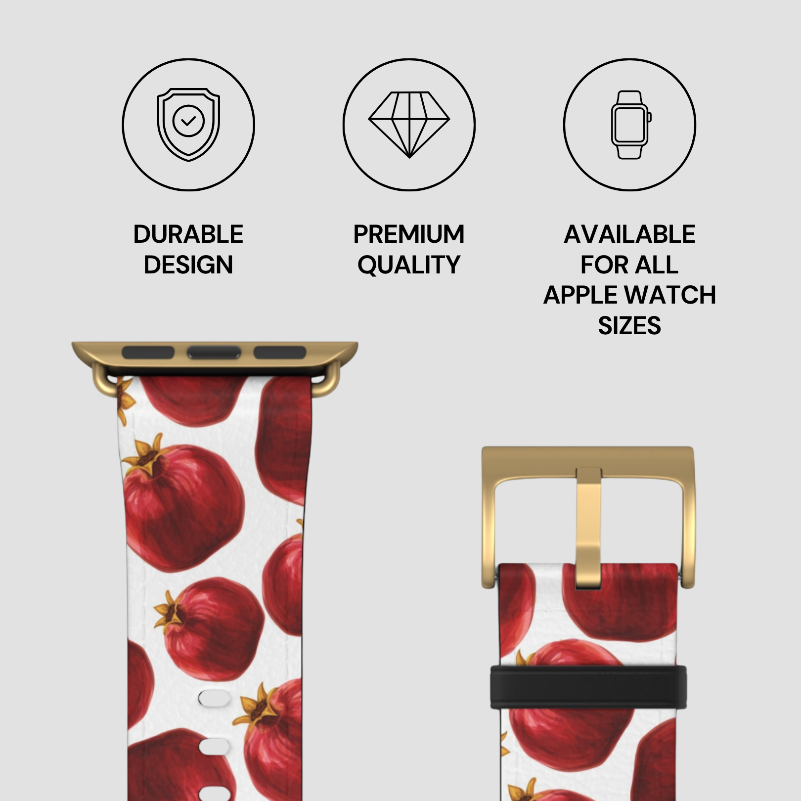 Watch strap with pomegranate design and product features on a light gray background