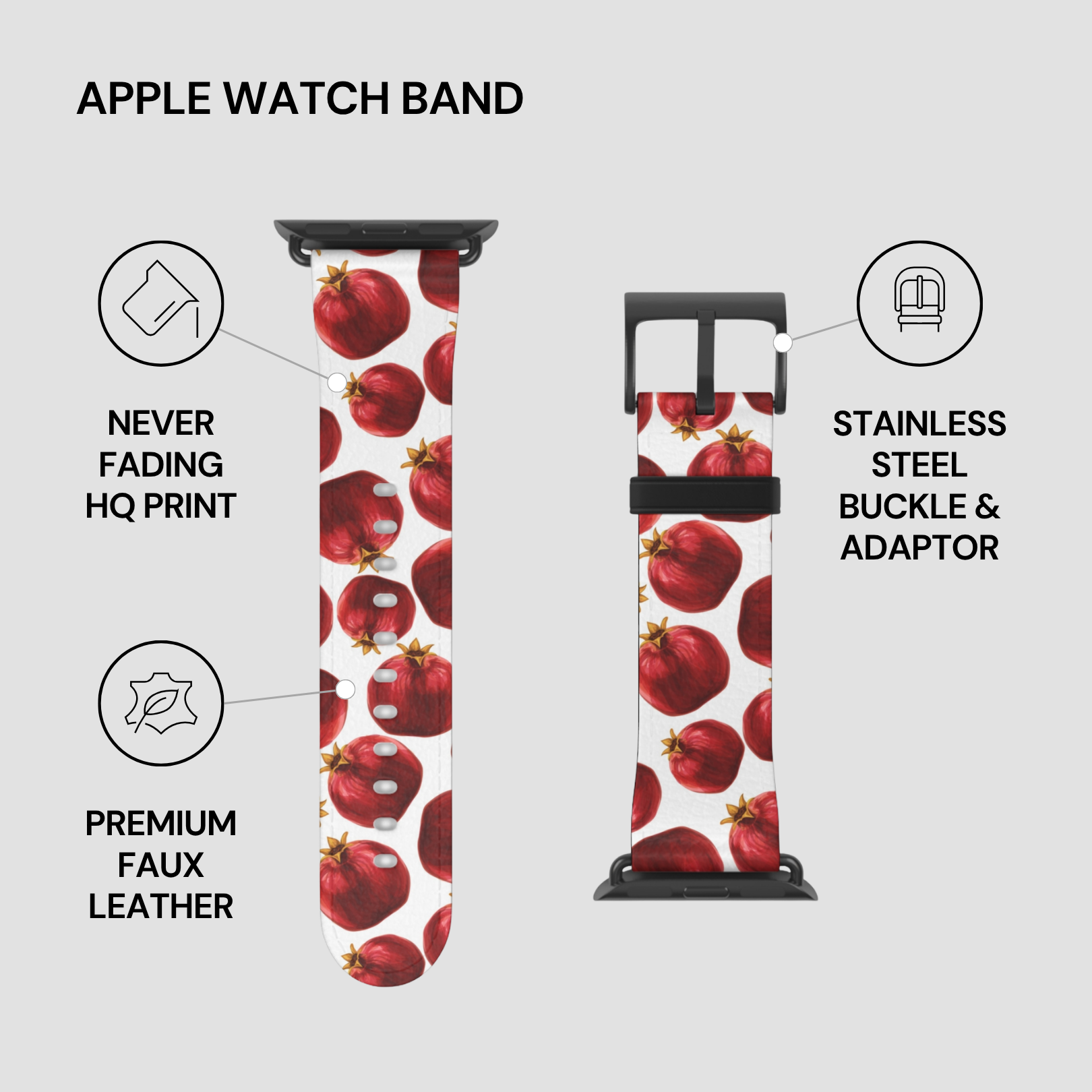 Apple watch band with pomegranate pattern on a gray background