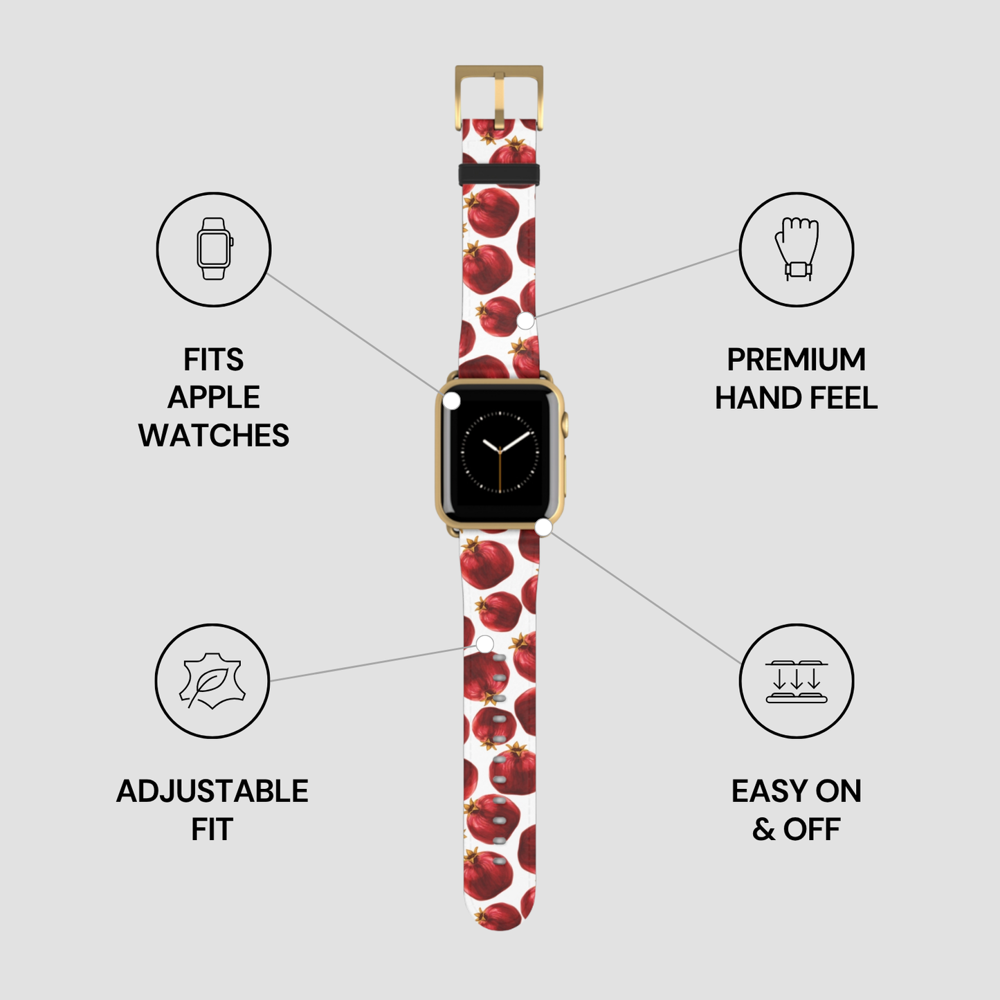 Apple watch with a cherry patterned band on a gray background with feature icons.