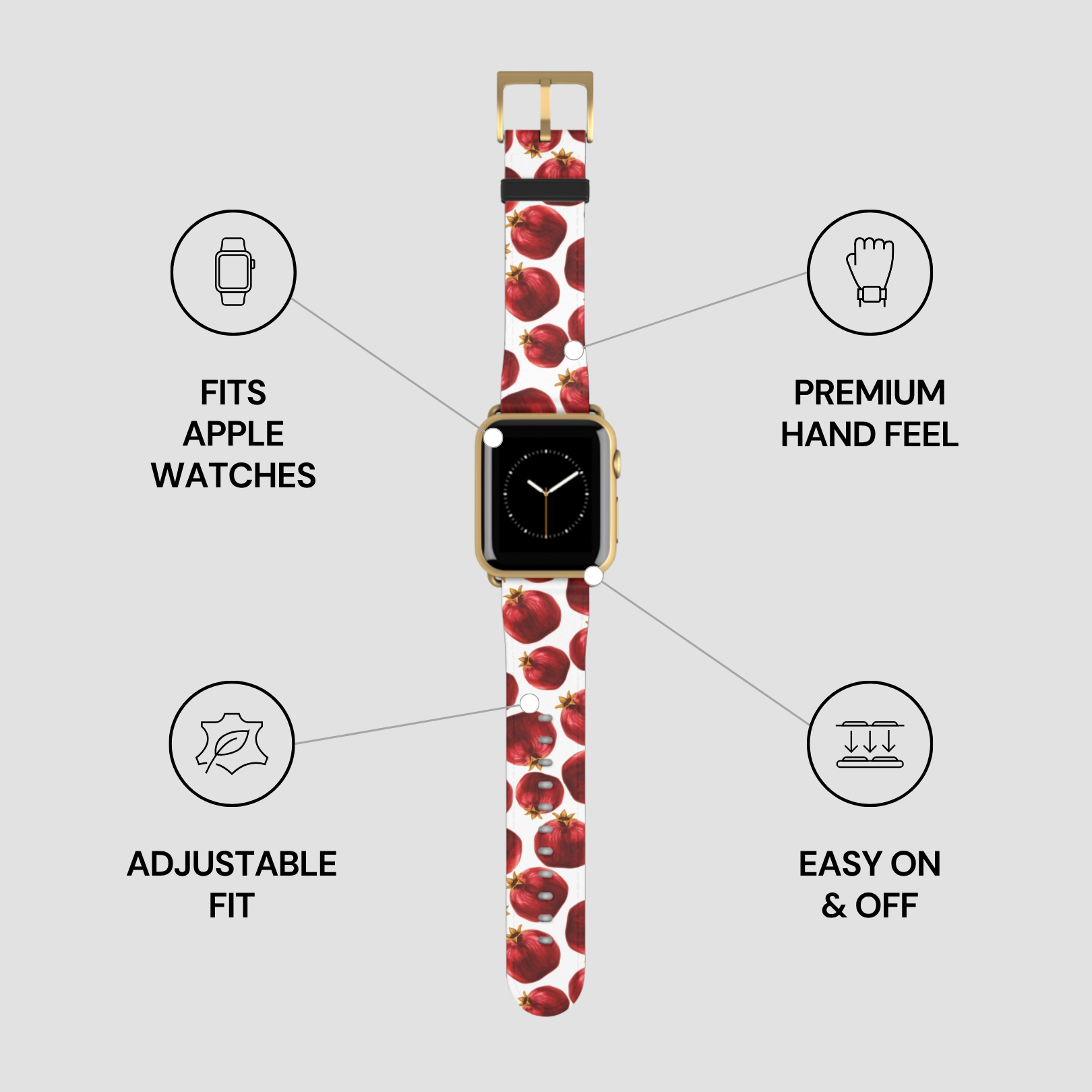 Apple watch with a cherry patterned band on a gray background with feature icons.