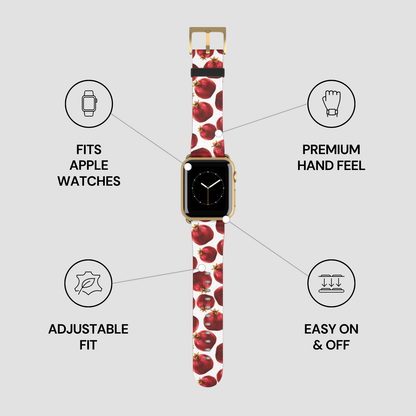 Apple watch with a cherry patterned band on a gray background with feature icons.