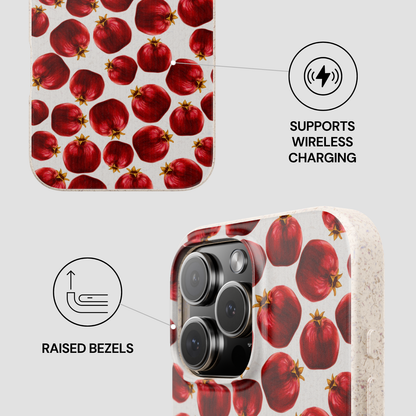 Phone case with pomegranate pattern and wireless charging and raised bezels features on a white background