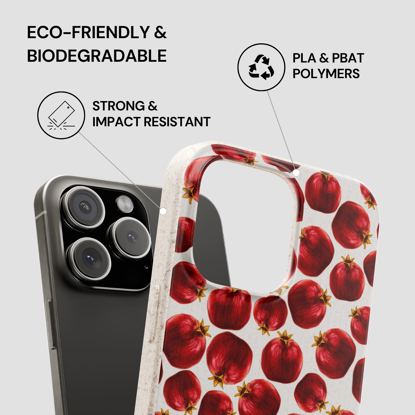 Phone case with pomegranate pattern and eco-friendly features on a gray background