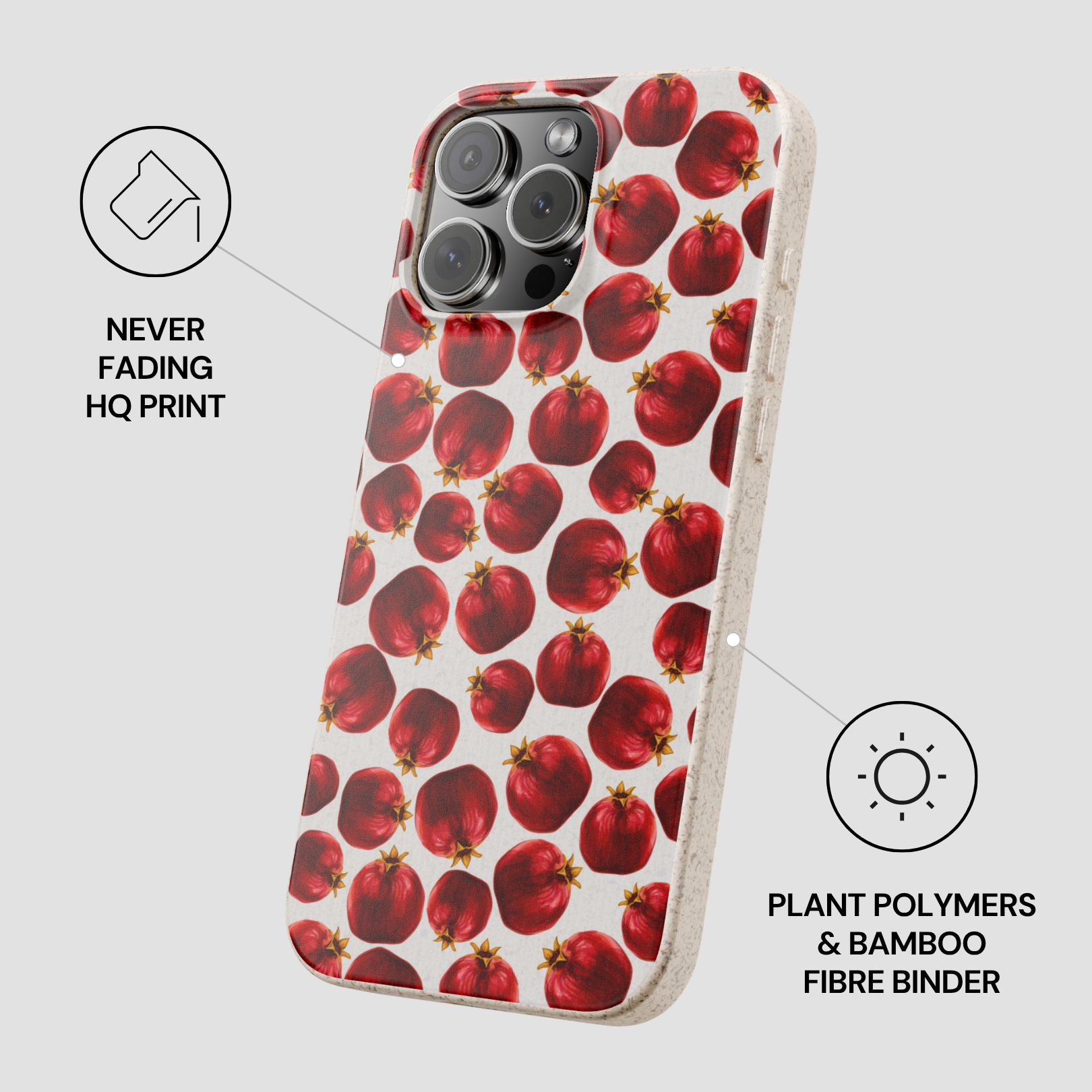 Phone case with red pomegranate pattern on a white background