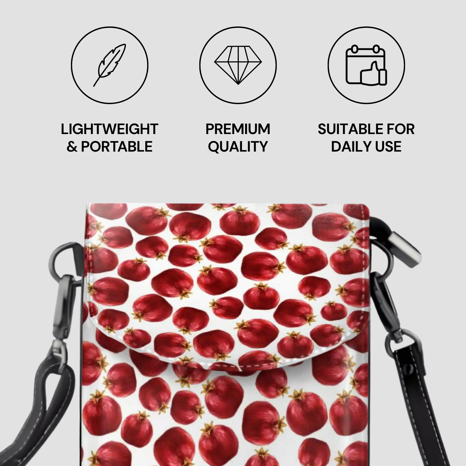 Handbag with pomegranate pattern and features listed on a light gray background