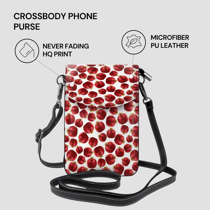 Crossbody phone purse with red pattern on a light gray background
