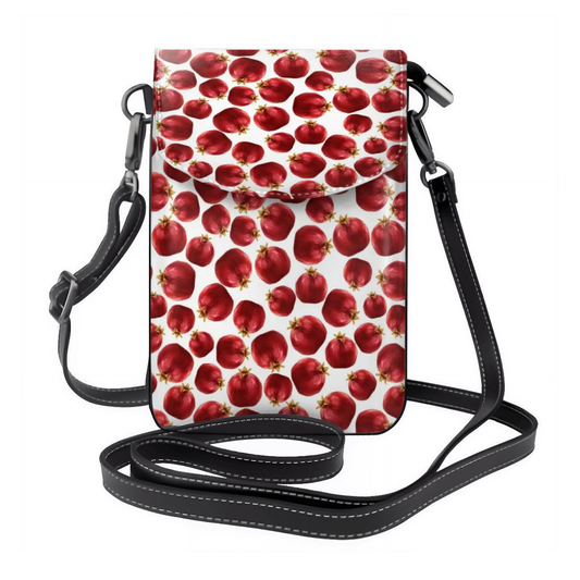 Crossbody bag with red pomegranate pattern on a white background