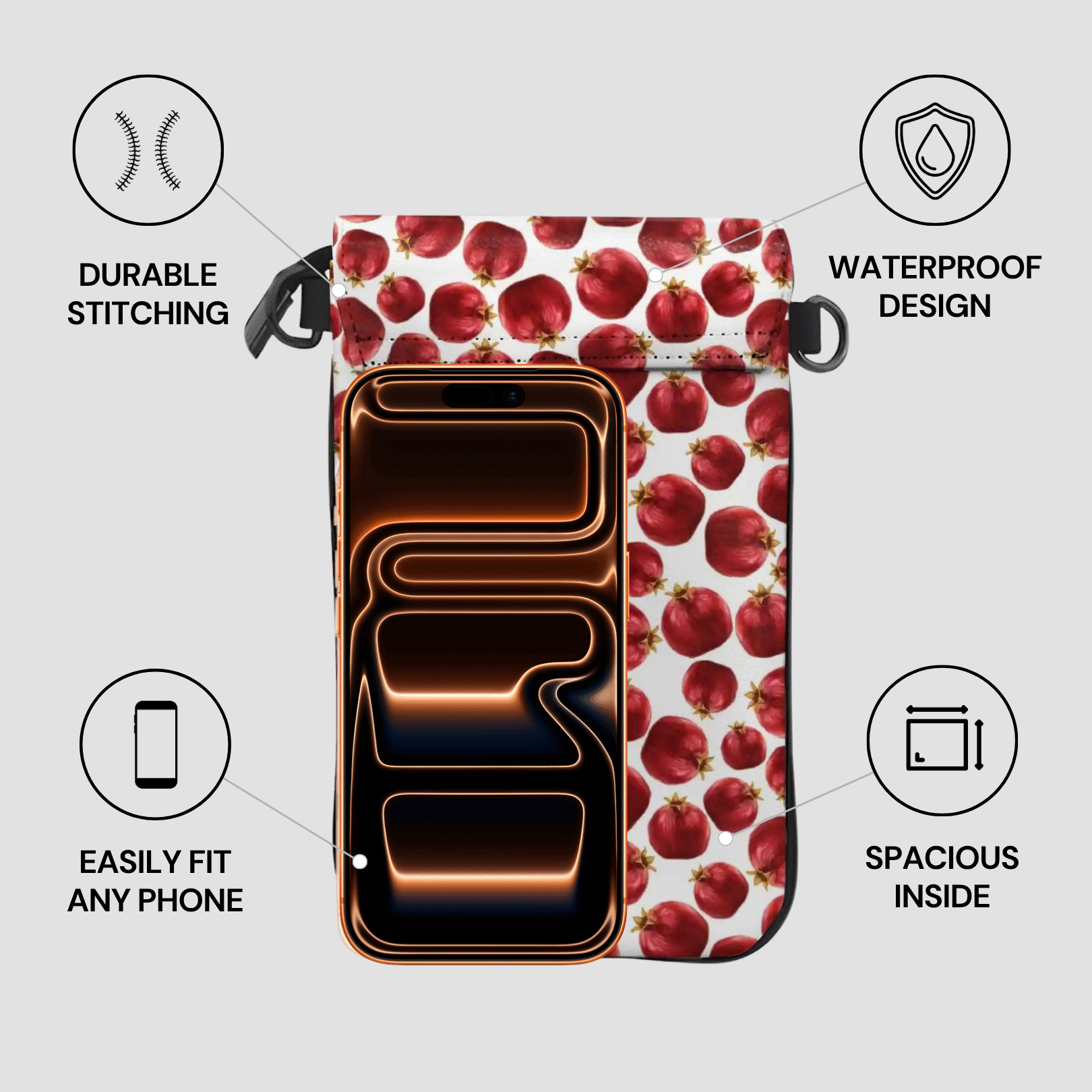 Phone case with red apple pattern and features highlighted on a gray background
