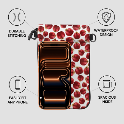 Phone case with red apple pattern and features highlighted on a gray background