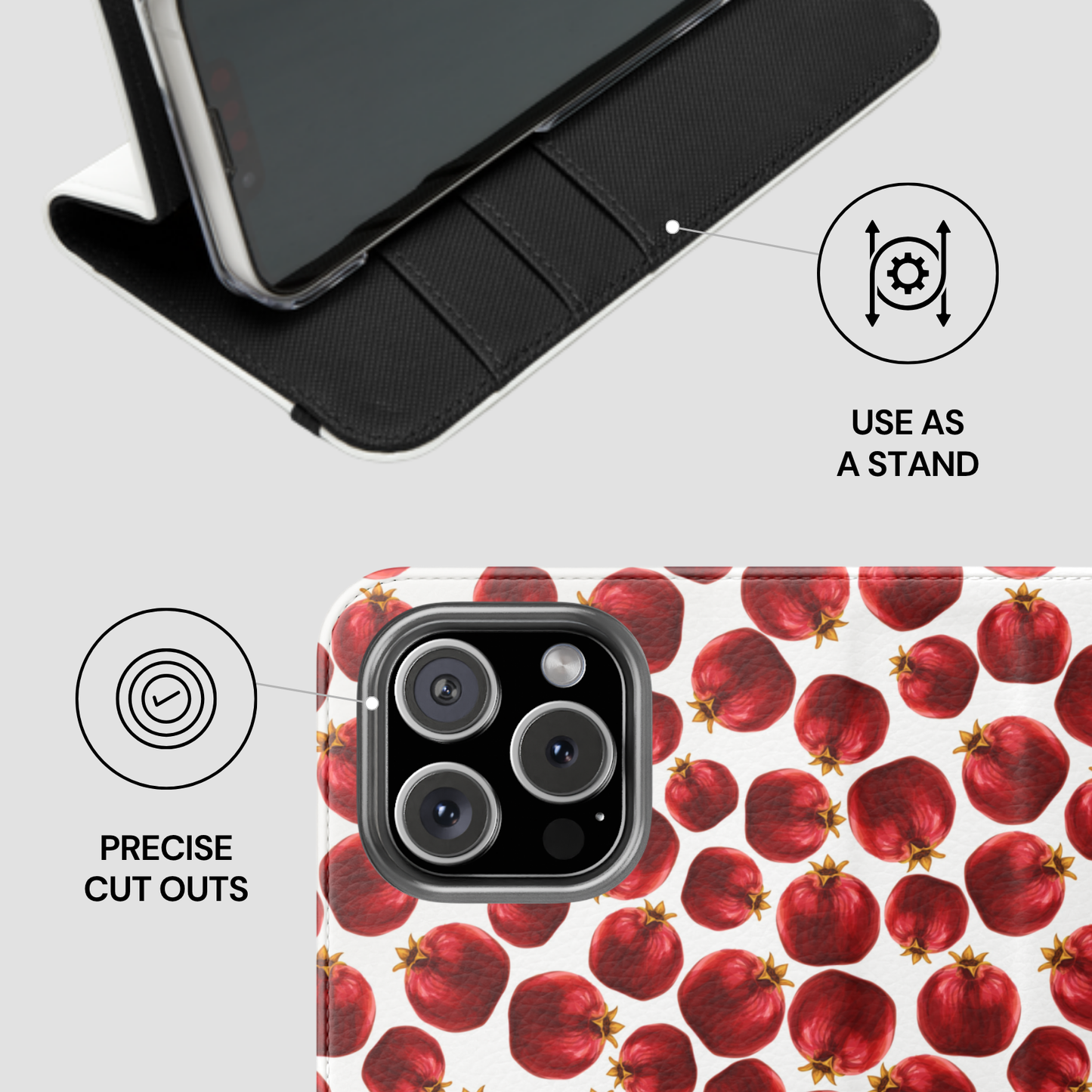 Phone case with pomegranate pattern and stand feature on a white background