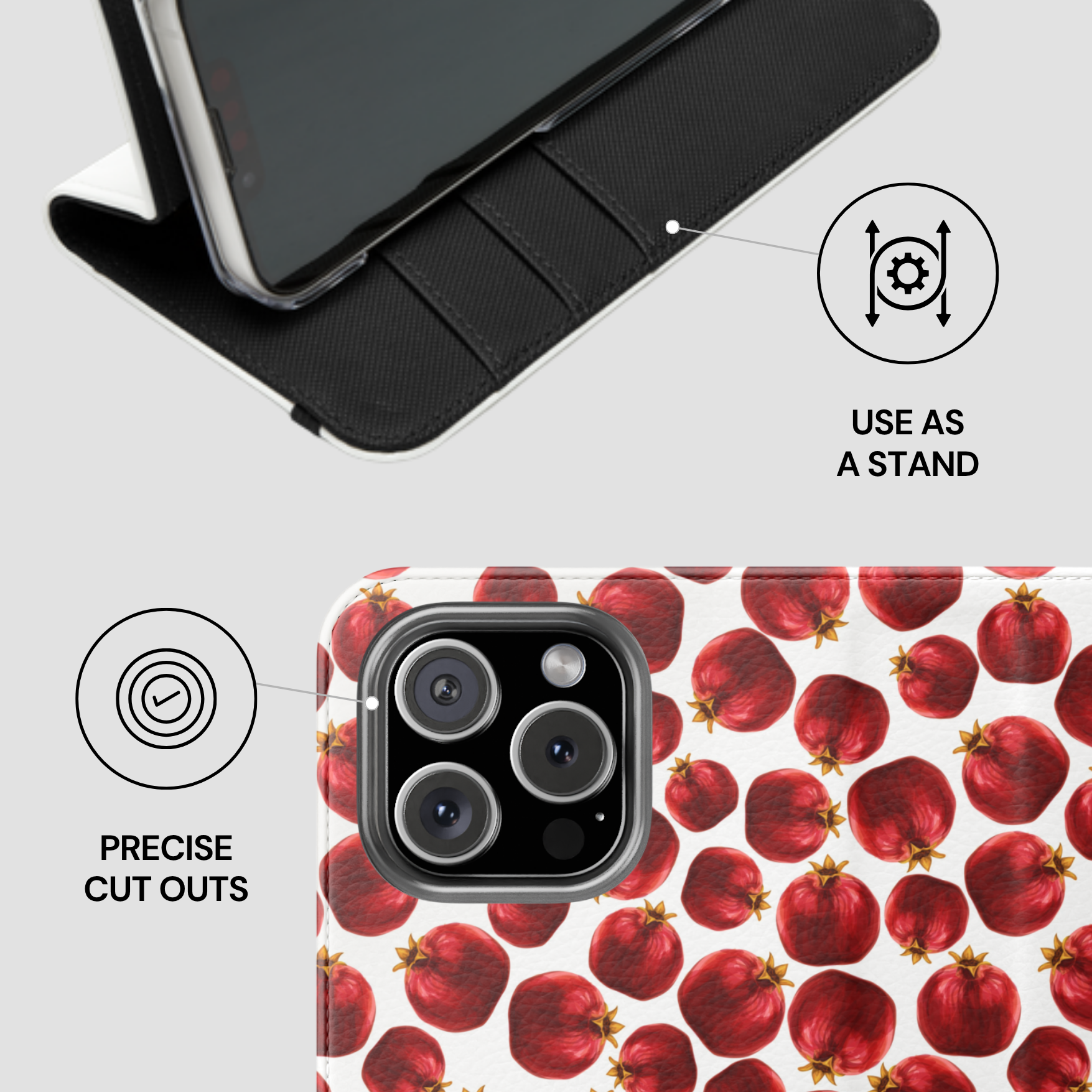 Phone case with pomegranate pattern and stand feature on a white background