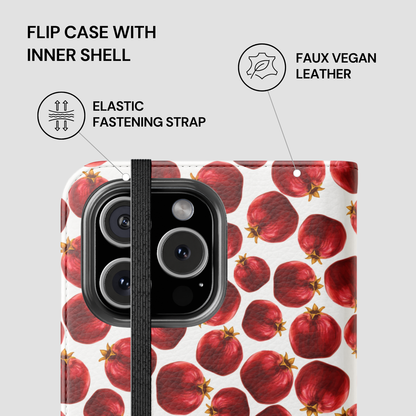 Phone case with pomegranate pattern and text highlighting features on a gray background