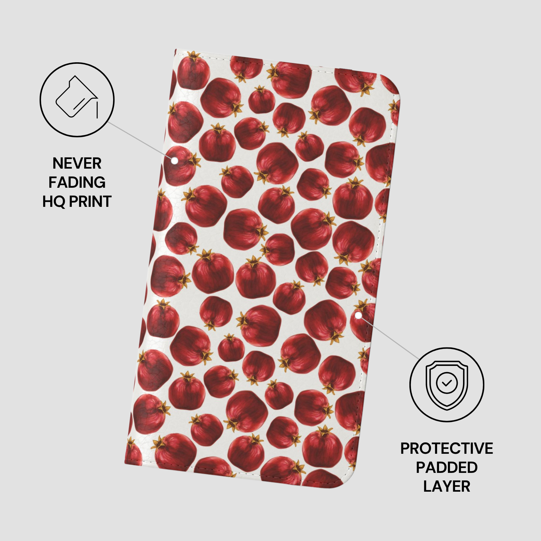Phone case with red pomegranate pattern on a white background