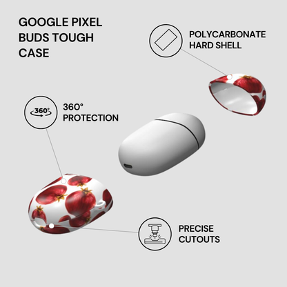 Google Pixel Buds Tough Case with features highlighted on a light gray background