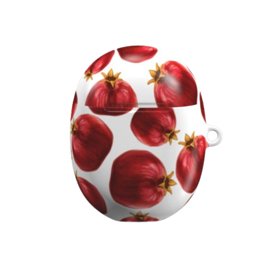 Round white case with red pomegranate pattern on a white background