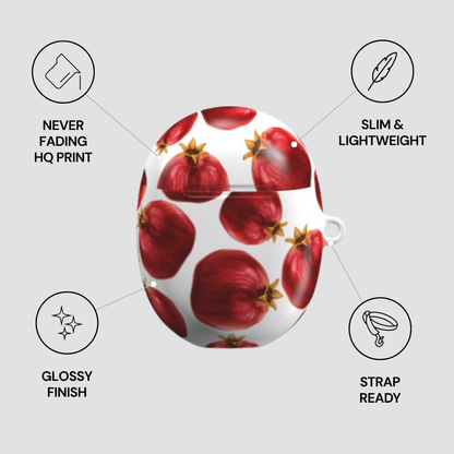 Product with pomegranate pattern and features listed on a gray background