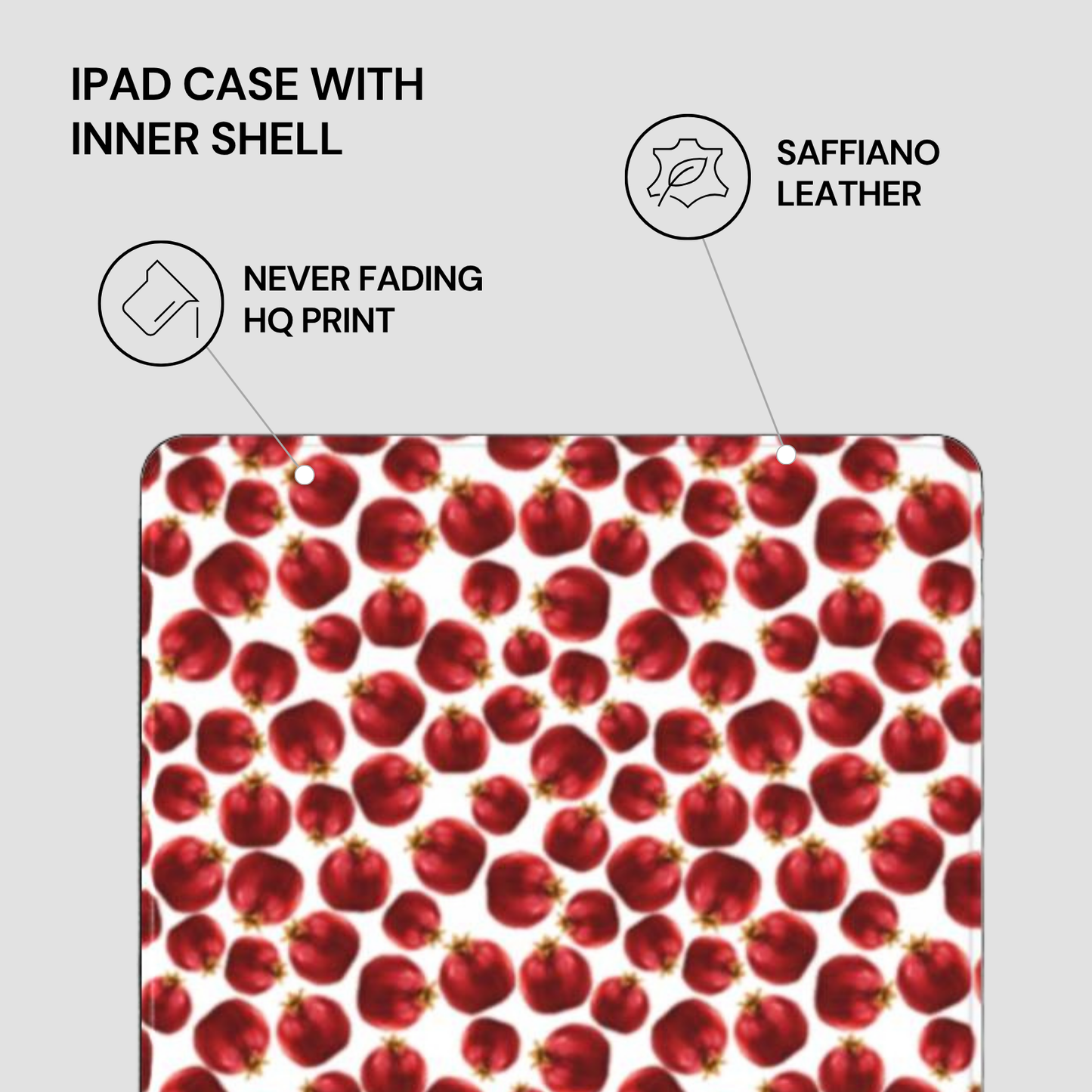 IPAD CASE WITH INNER SHELL featuring saffiano leather and pomegranate pattern on a light gray background