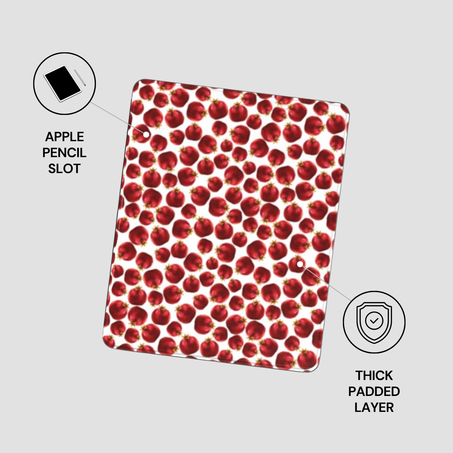 Red patterned case with Apple Pencil slot and thick padded layer on a gray background