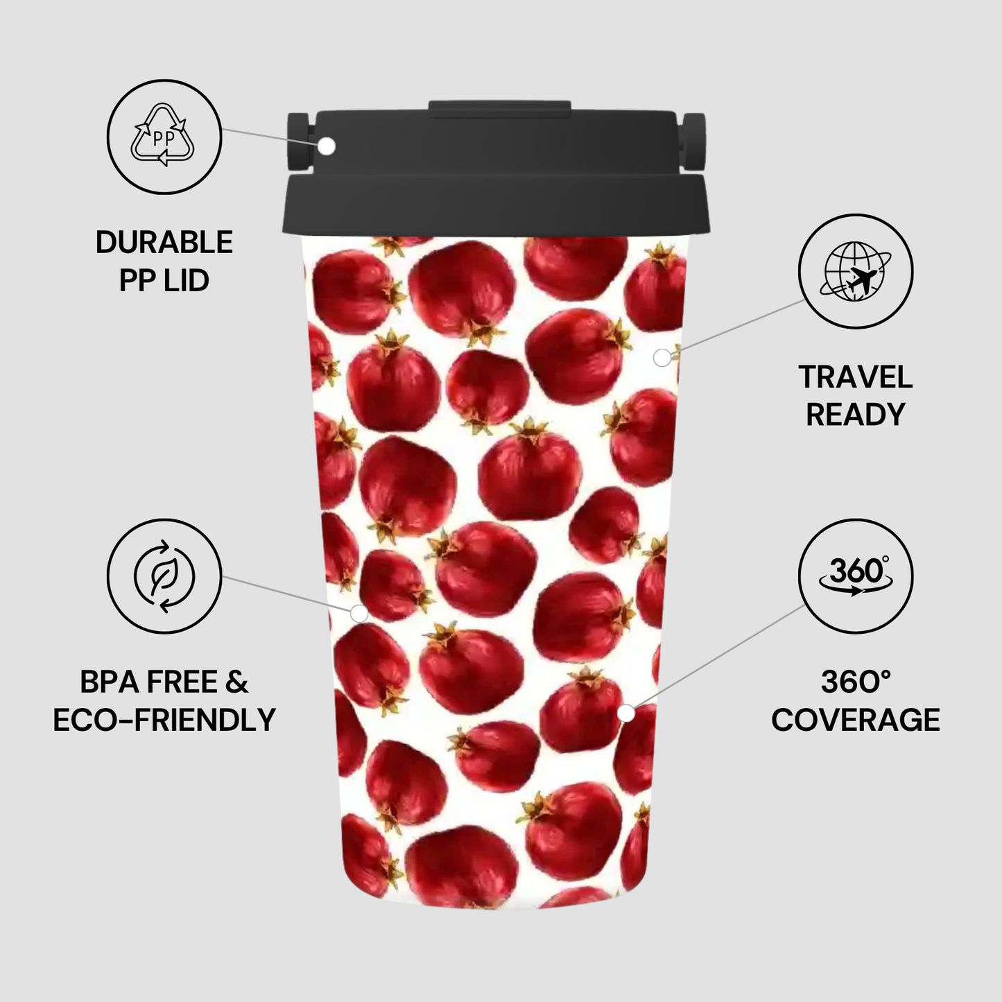 Tumbler with pomegranate pattern and features labeled on a light gray background
