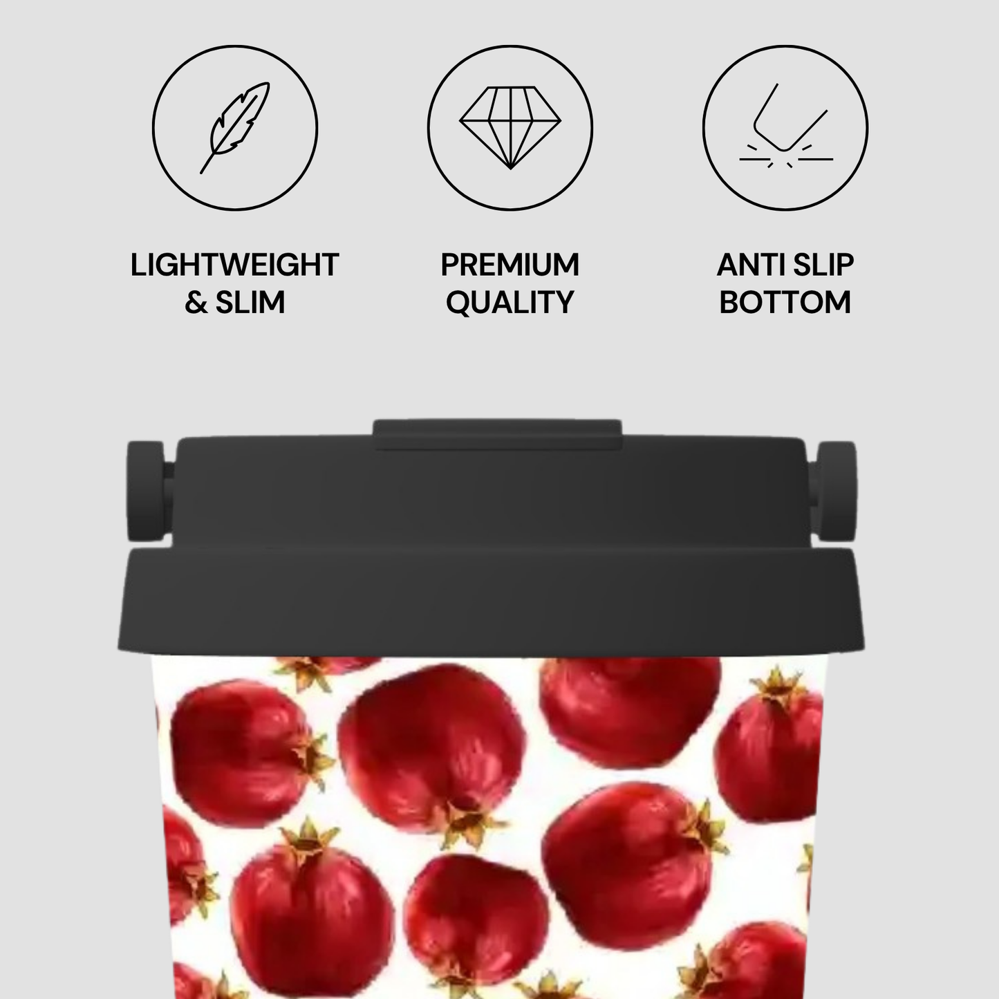 Black mat with pomegranate pattern and product features on a light gray background