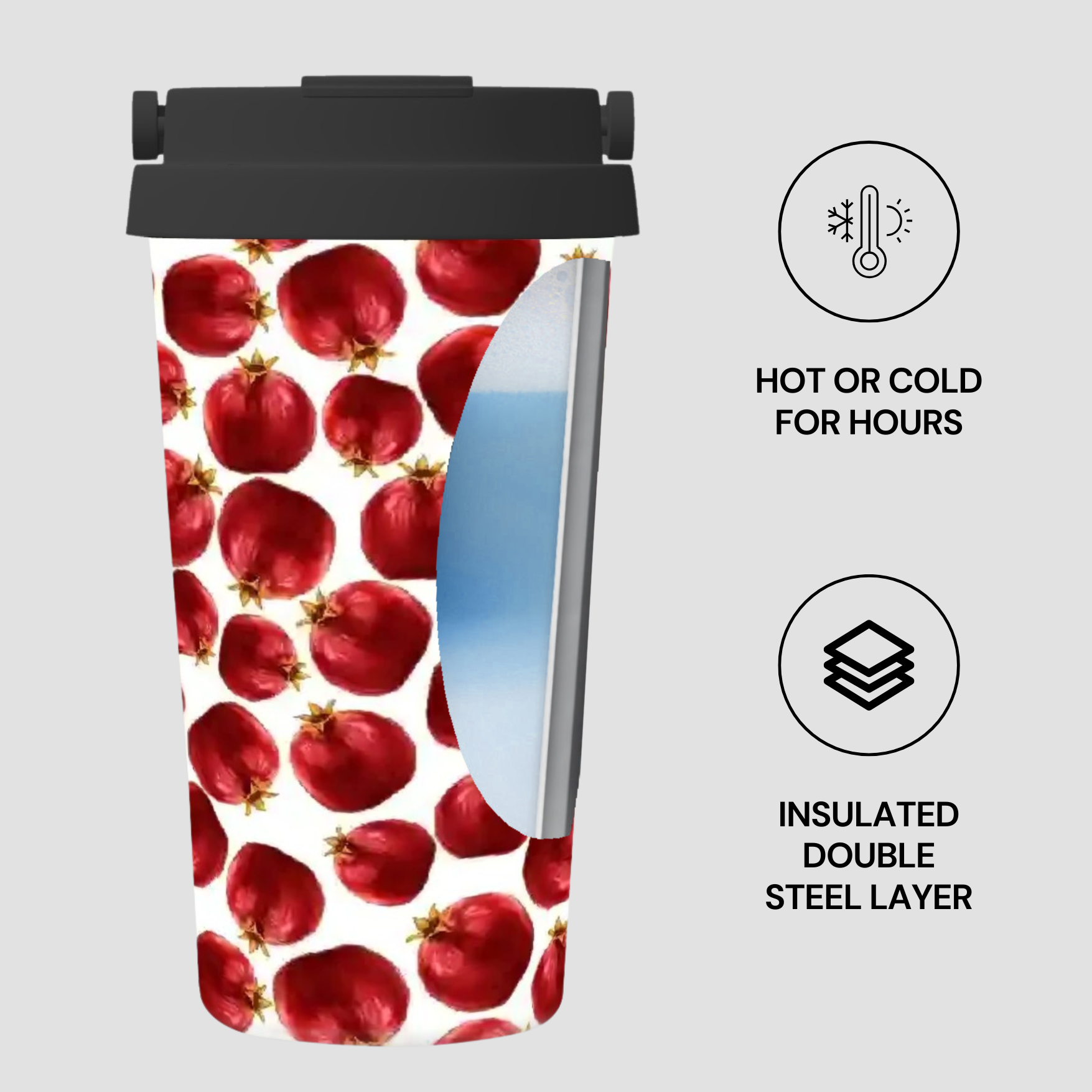 Tumbler with pomegranate pattern and insulated design features on a white background