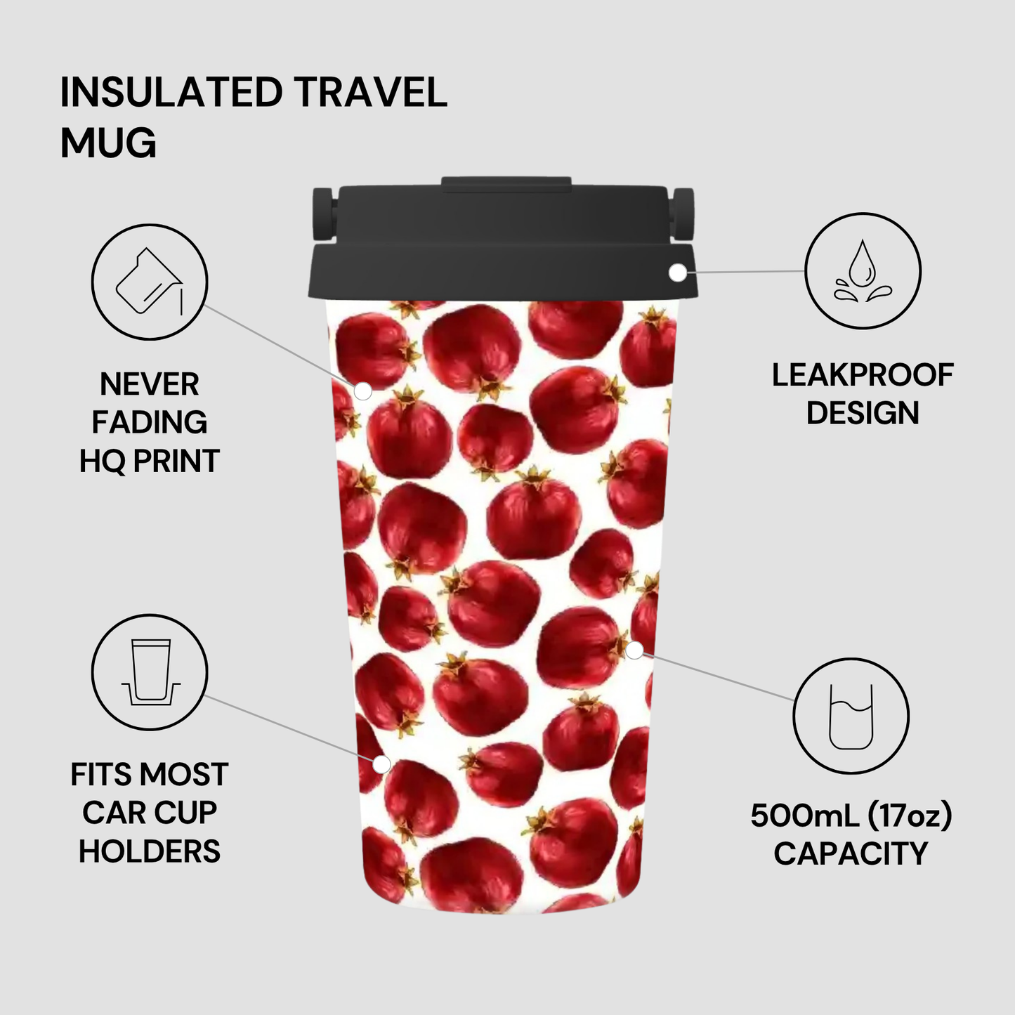 Insulated travel mug with pomegranate pattern on a light gray background
