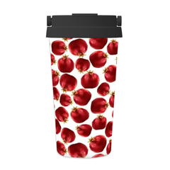 Tumbler with red pomegranate pattern on a white background
