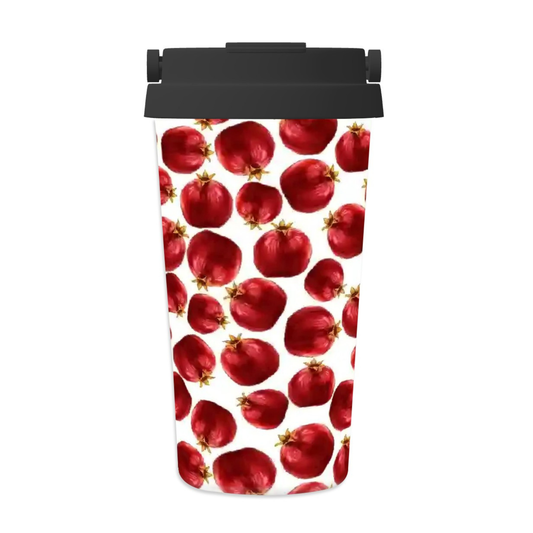 Tumbler with red pomegranate pattern on a white background