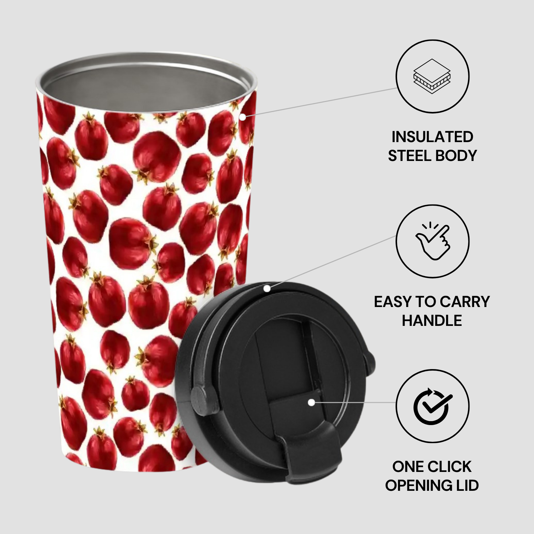 Tumbler with pomegranate pattern and features highlighted on a white background