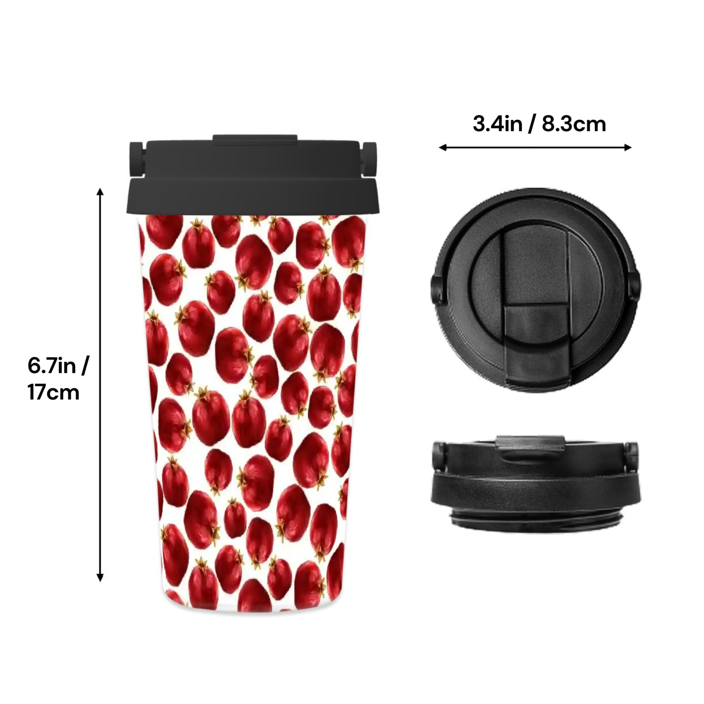 Travel mug with pomegranate pattern and black lid, shown with measurements on a white background.