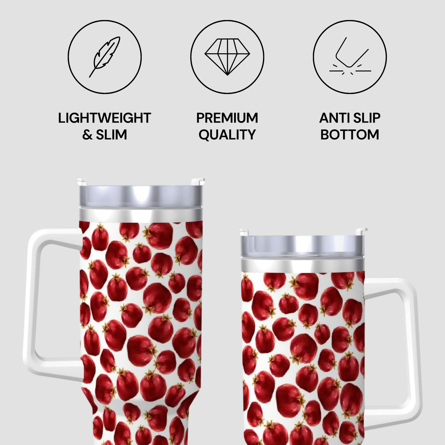 Two tumblers with a red fruit pattern on a gray background, featuring icons and text about product features.