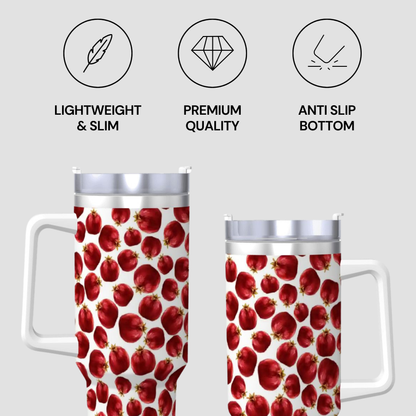 Two tumblers with a red fruit pattern on a gray background, featuring icons and text about product features.