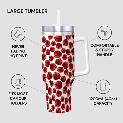 Large tumbler with red fruit pattern on a white background