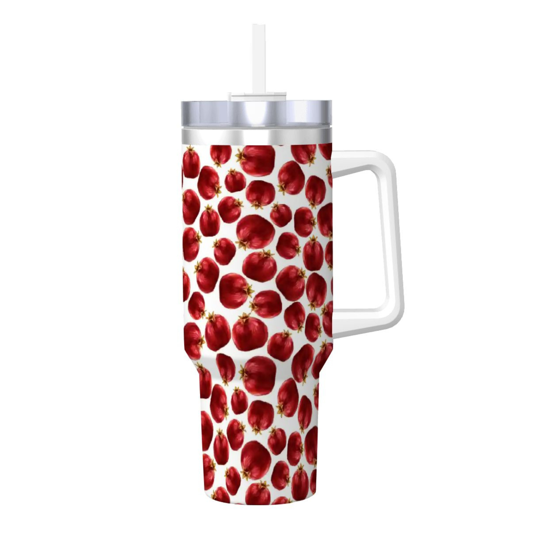 Tumbler with red floral pattern on a white background