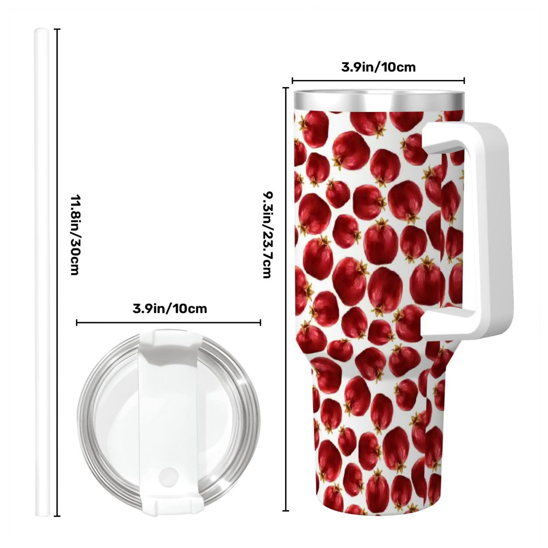 Travel mug with red fruit pattern and measurements on a white background