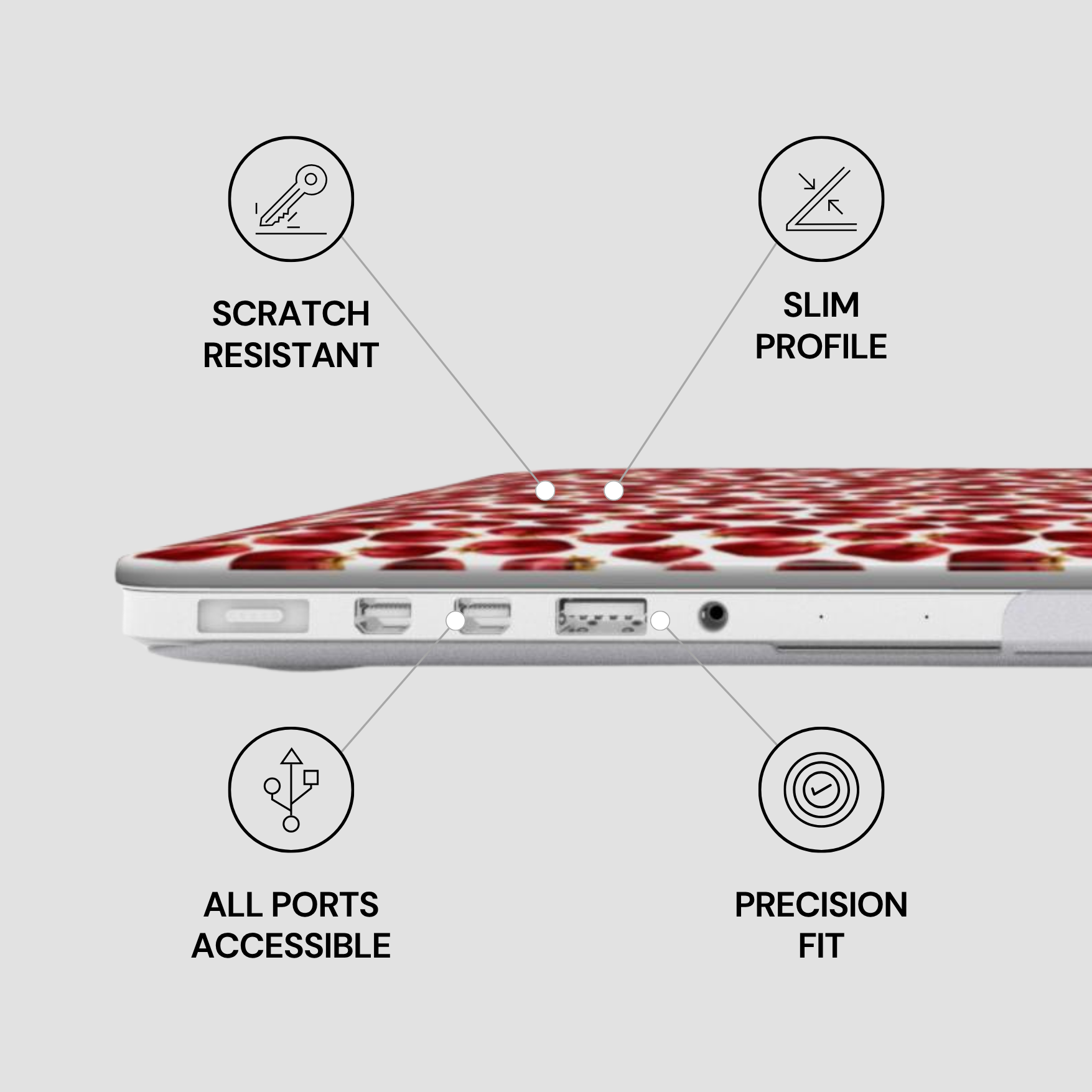 Laptop case with features labeled on a white background