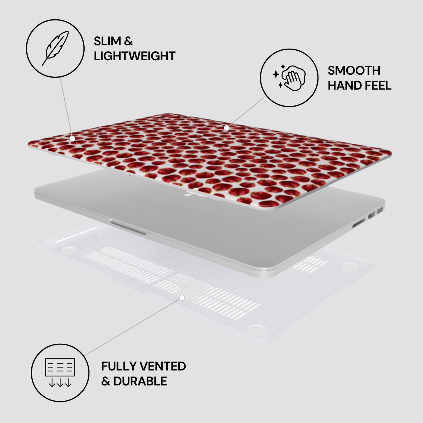 Laptop with a red and white patterned case on a light gray background, featuring text labels about the product's features.