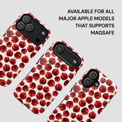 Phone case with red fruit pattern on a light gray background