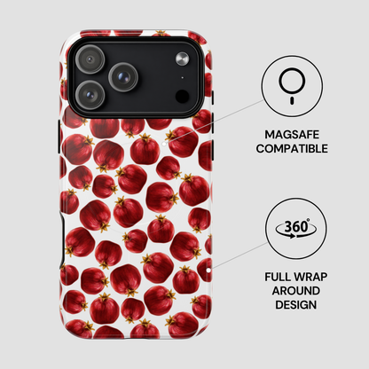 Phone case with pomegranate pattern and Magsafe compatibility on a white background