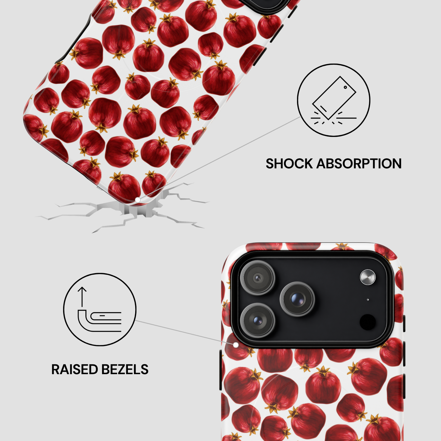 Phone case with pomegranate pattern and features highlighted on a white background