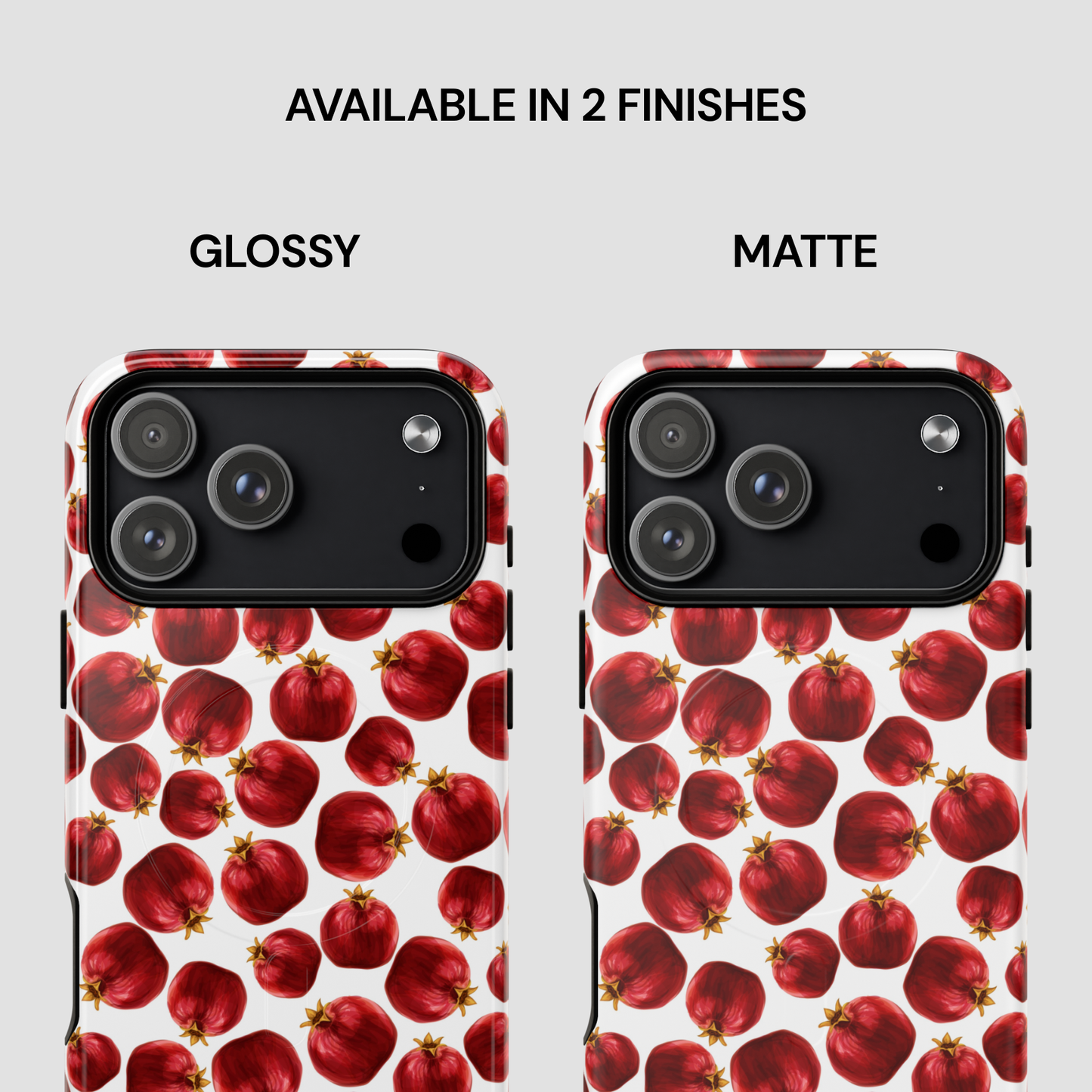 Phone case with red fruit pattern in glossy and matte finishes on a white background.