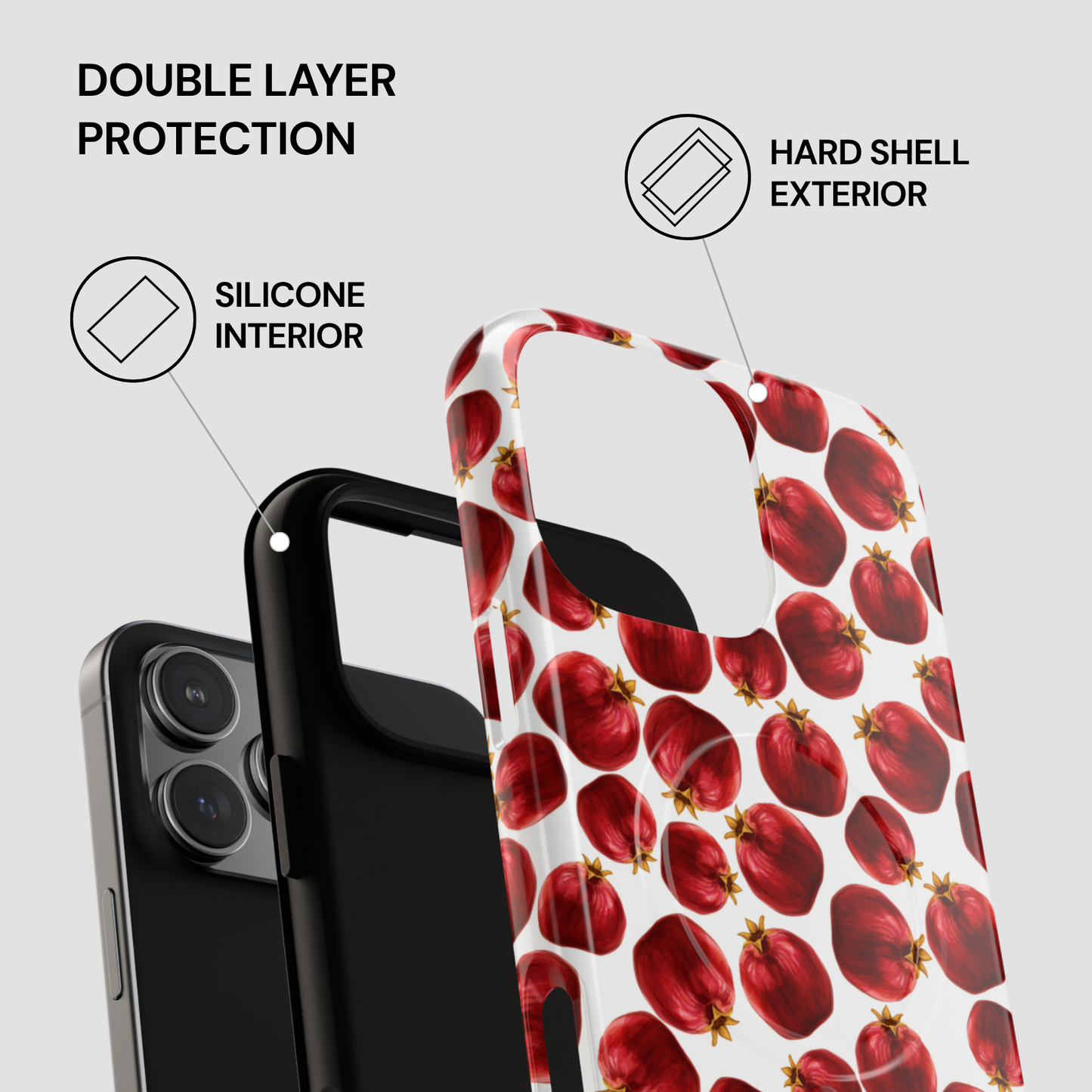 Phone case with pomegranate pattern and text highlighting double layer protection on a gray background