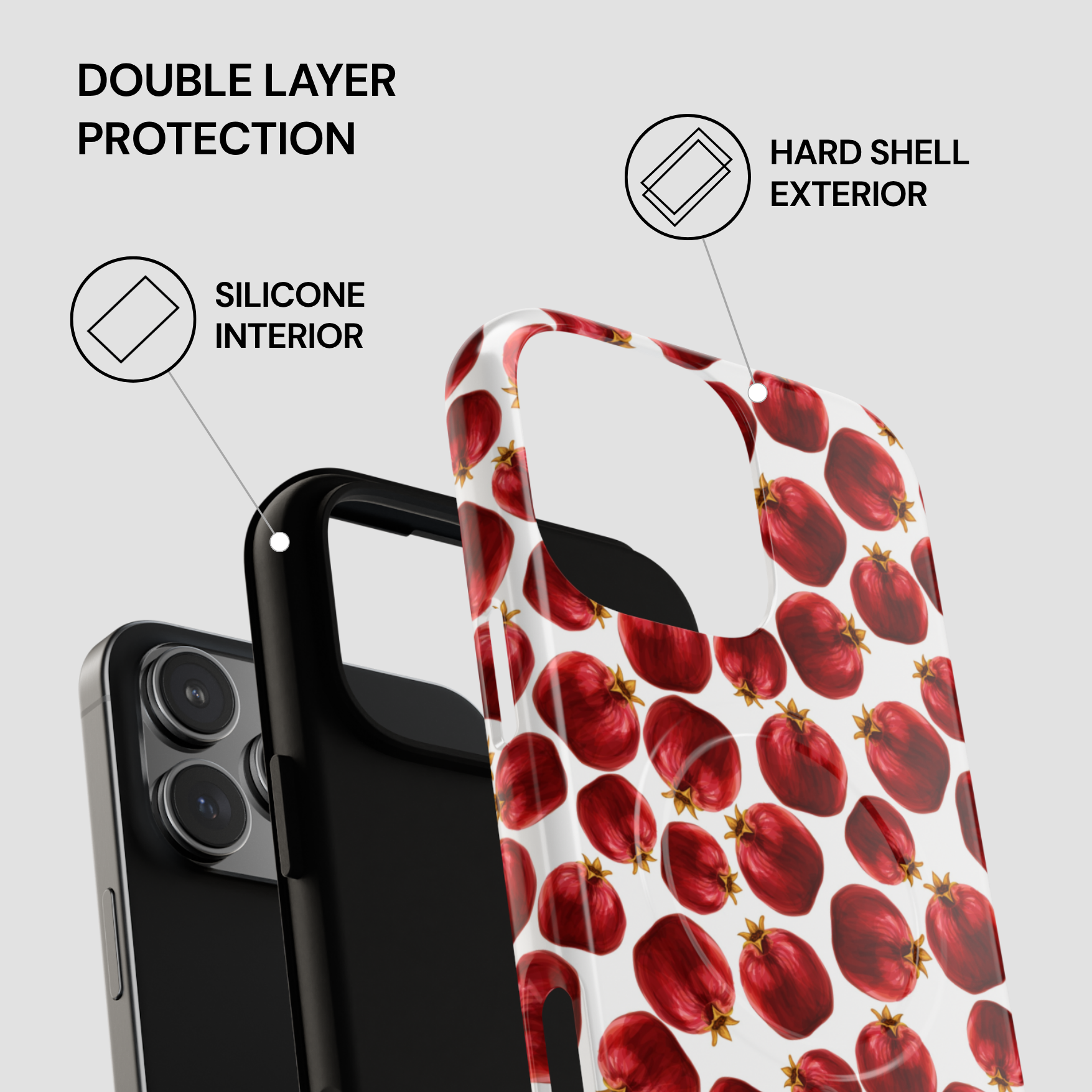 Phone case with pomegranate pattern and text highlighting double layer protection on a gray background