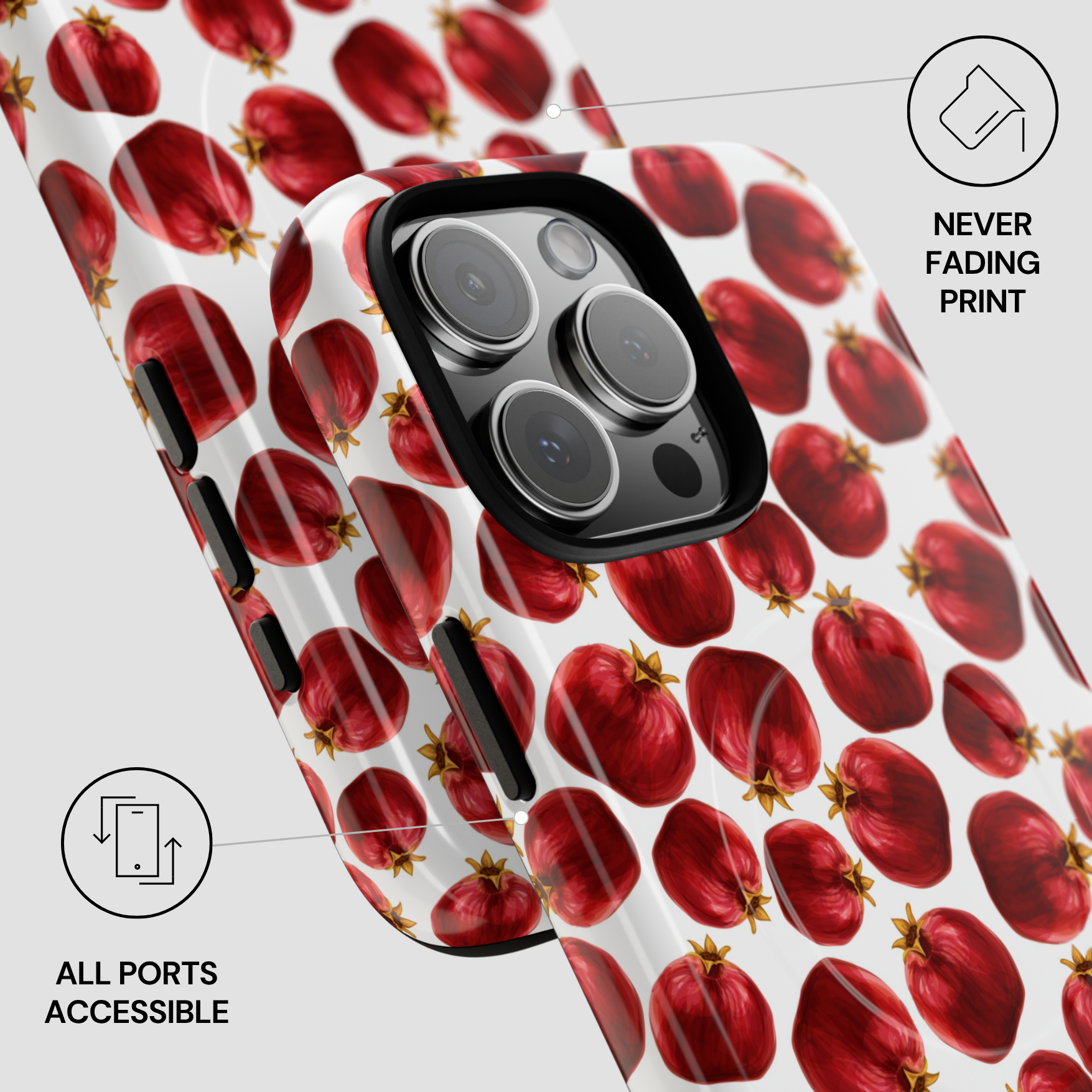 Phone case with pomegranate pattern on a white background