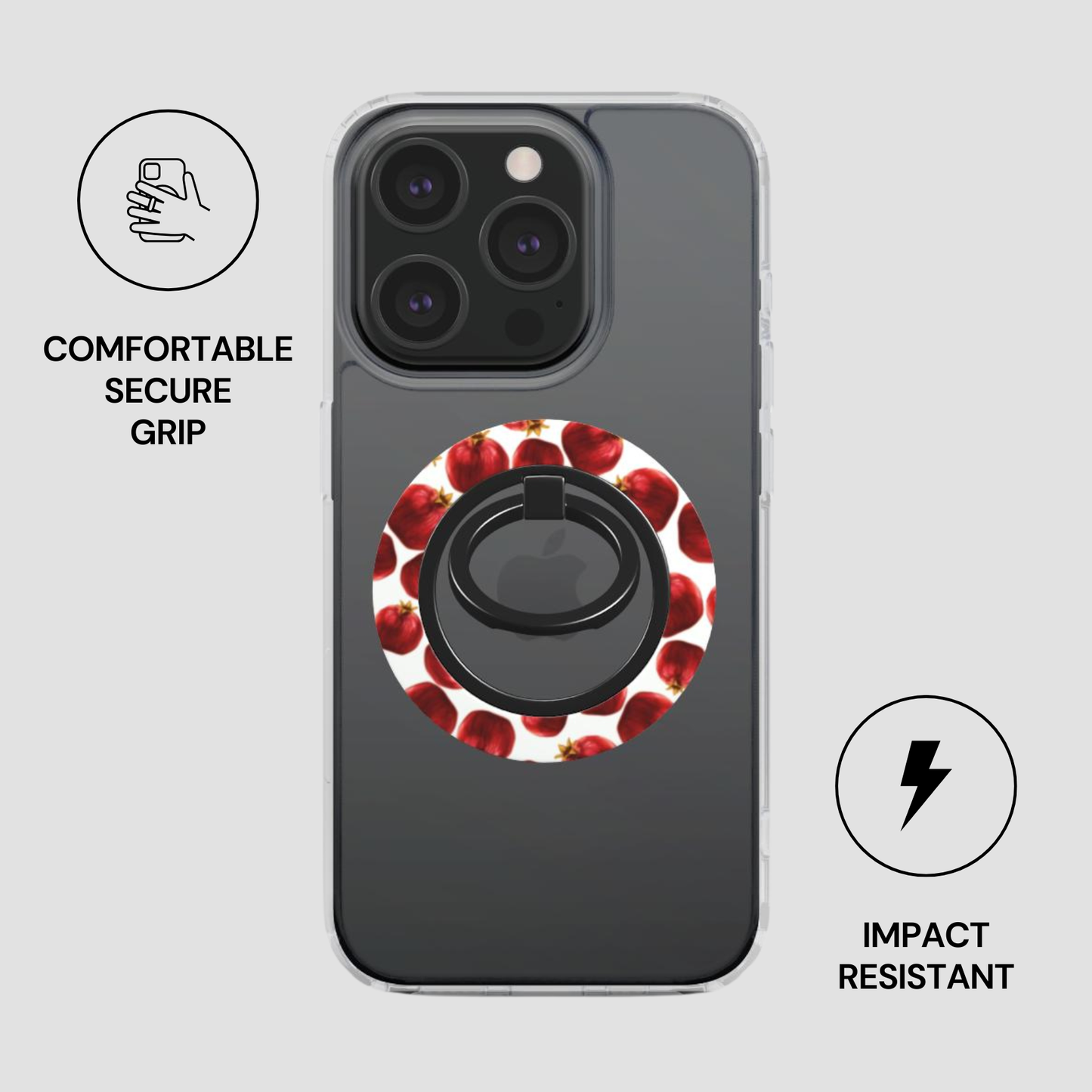 Phone case with a ring holder and apple pattern on a gray background