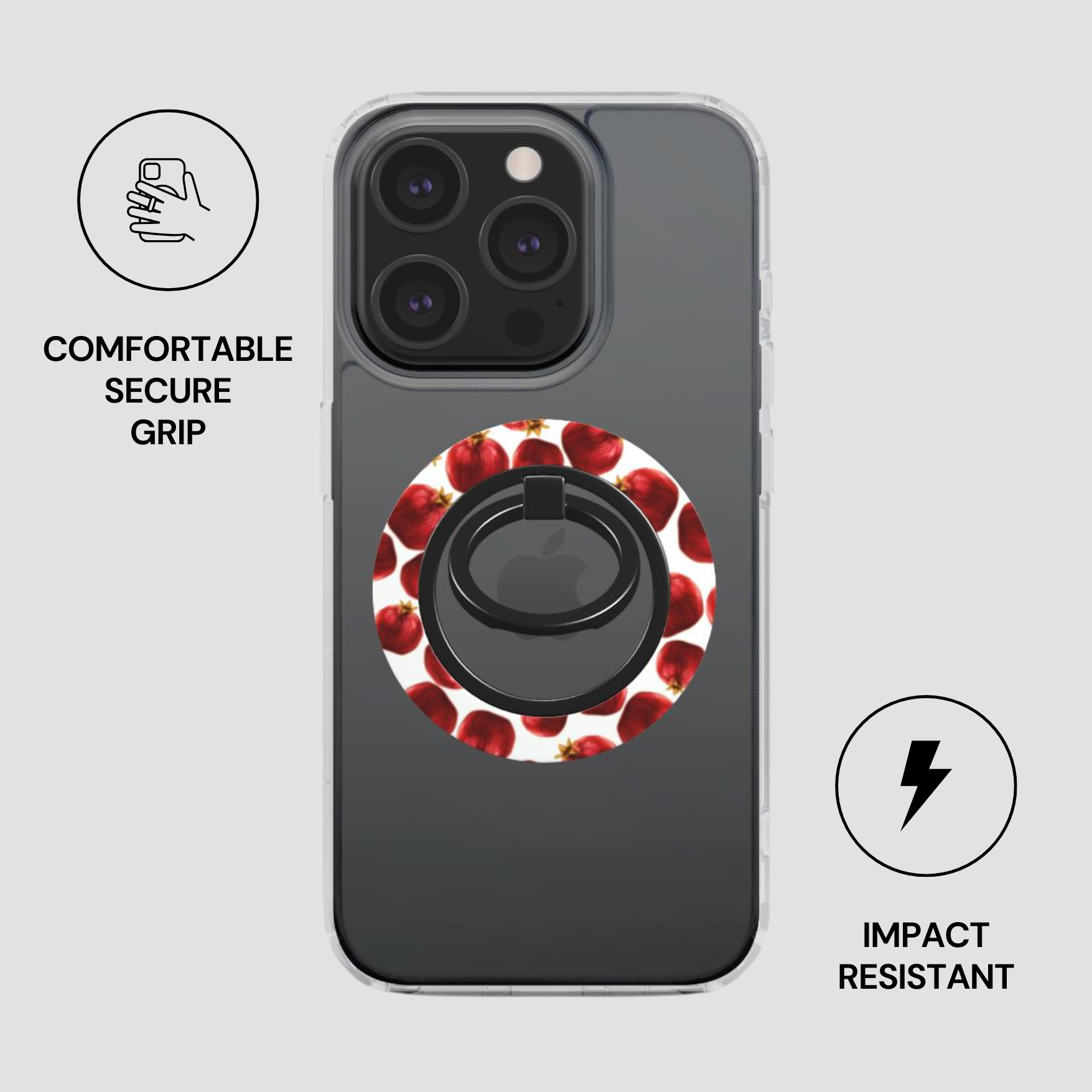 Phone case with a ring holder and apple pattern on a gray background