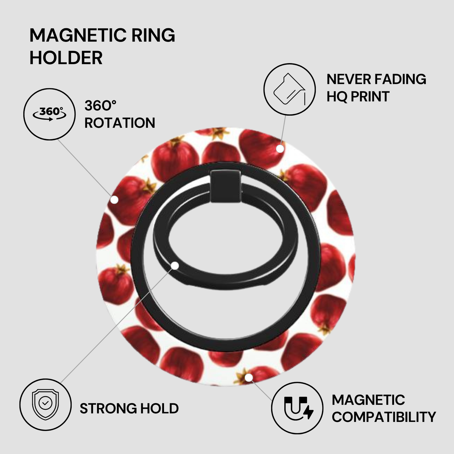 Magnetic ring holder with red fruit design on a white background