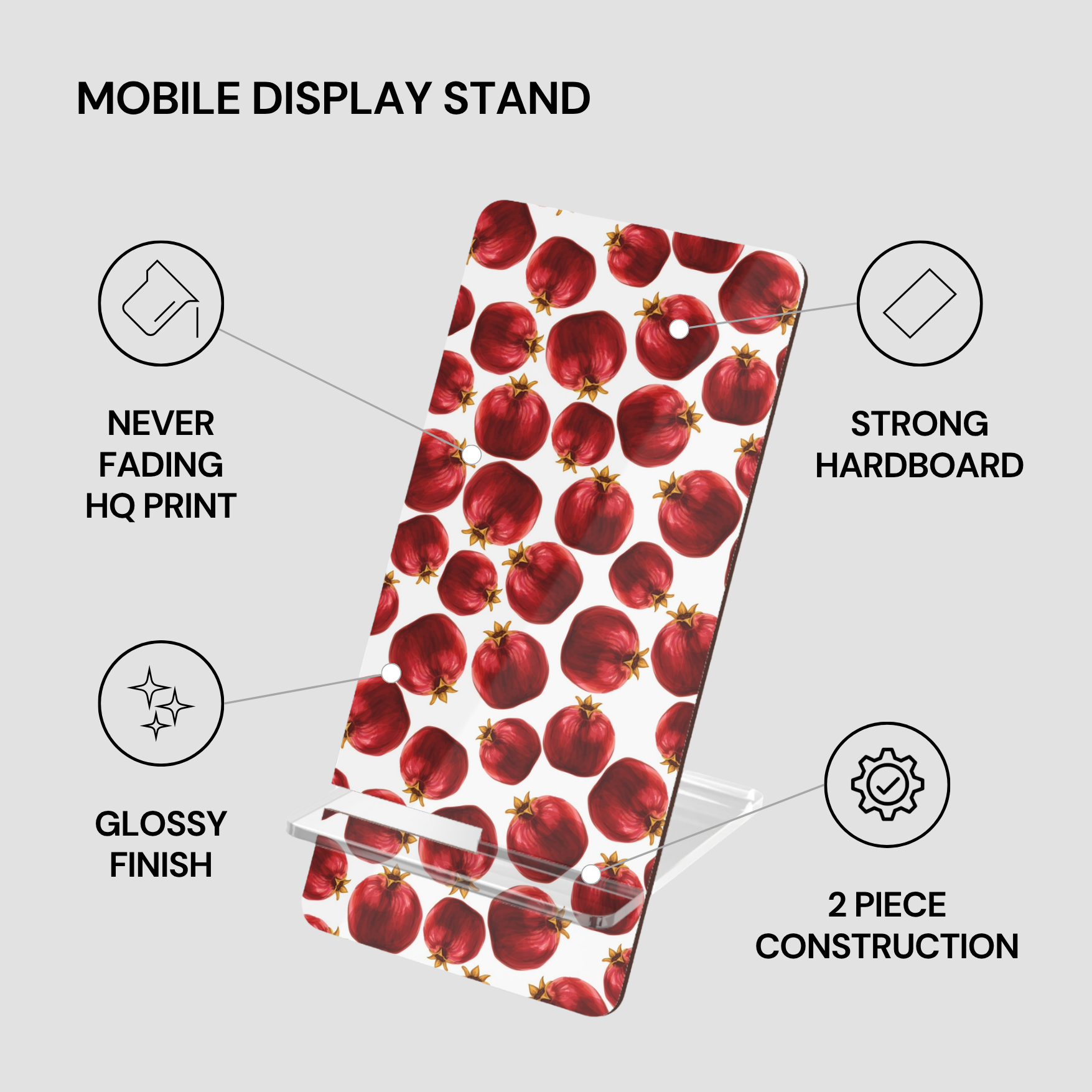 Mobile display stand with pomegranate pattern and feature text on a gray background